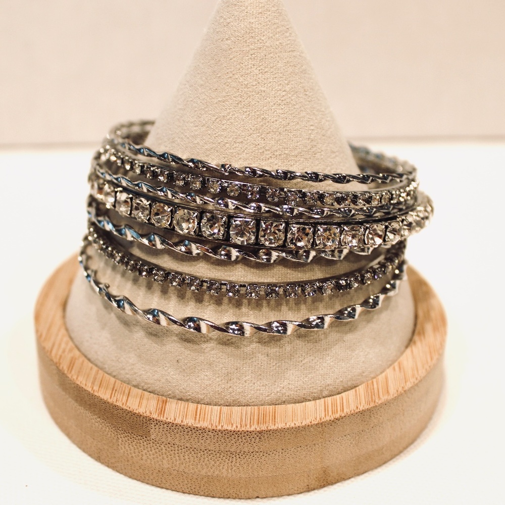 Set of 7 Silver-tone/ Rhinestone Bangle Bracelets